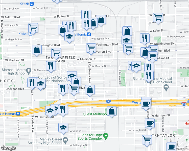 map of restaurants, bars, coffee shops, grocery stores, and more near 2756 West Adams Street in Chicago