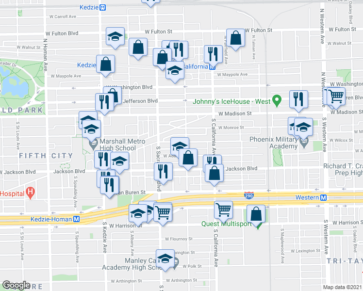 map of restaurants, bars, coffee shops, grocery stores, and more near 2906 West Adams Street in Chicago