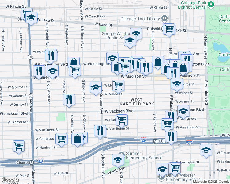 map of restaurants, bars, coffee shops, grocery stores, and more near 4311 West Wilcox Street in Chicago