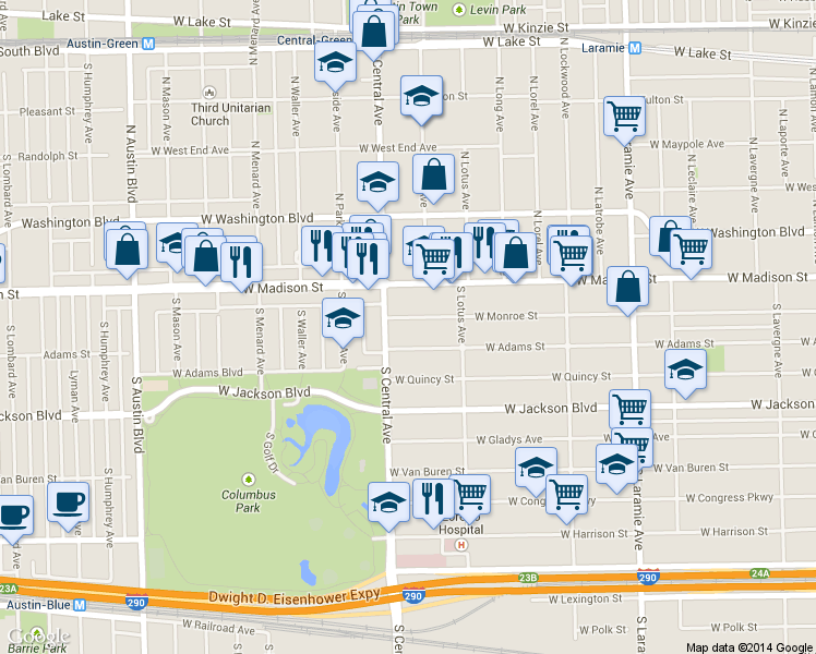 map of restaurants, bars, coffee shops, grocery stores, and more near 5542 West Adams Street in Chicago