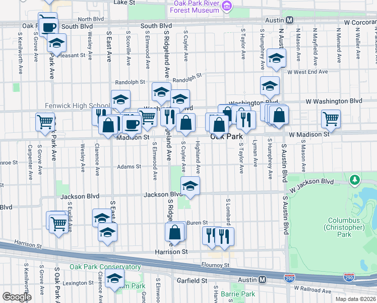 map of restaurants, bars, coffee shops, grocery stores, and more near 536 South Cuyler Avenue in Oak Park