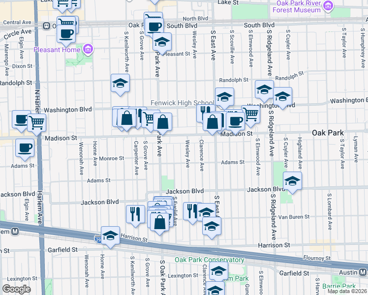 map of restaurants, bars, coffee shops, grocery stores, and more near 533 Wesley Avenue in Oak Park