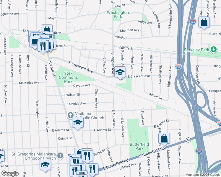 map of restaurants, bars, coffee shops, grocery stores, and more near 317 Cayuga Avenue in Elmhurst