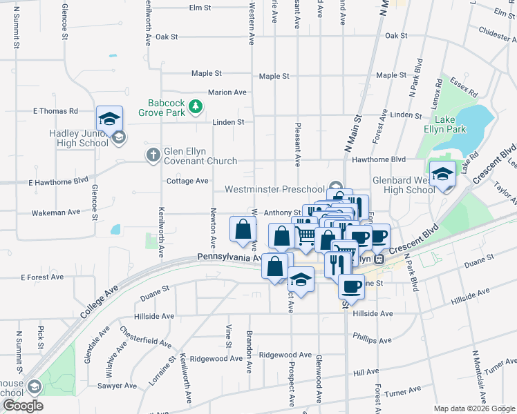 map of restaurants, bars, coffee shops, grocery stores, and more near 399 Anthony Street in Glen Ellyn