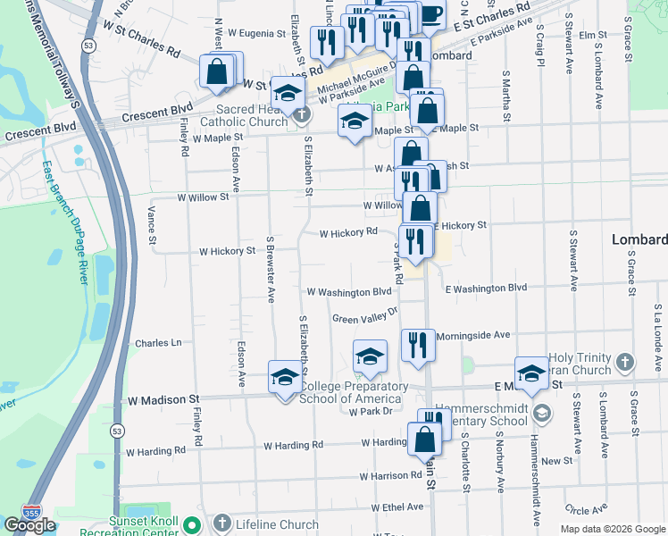 map of restaurants, bars, coffee shops, grocery stores, and more near 238 West Washington Boulevard in Lombard