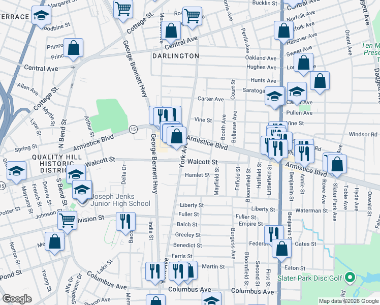 map of restaurants, bars, coffee shops, grocery stores, and more near 783 York Avenue in Pawtucket
