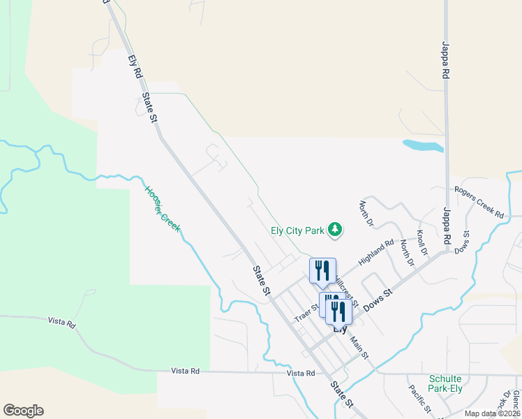 map of restaurants, bars, coffee shops, grocery stores, and more near 1880 Wrigley Street in Ely