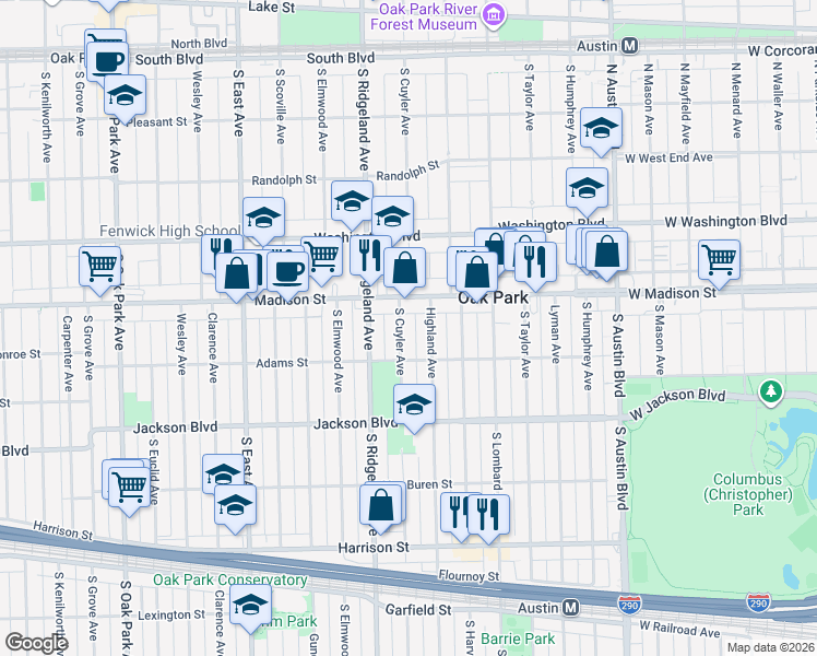 map of restaurants, bars, coffee shops, grocery stores, and more near 536 South Cuyler Avenue in Oak Park