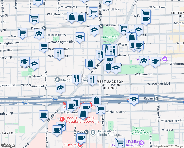 map of restaurants, bars, coffee shops, grocery stores, and more near 1650 West Adams Street in Chicago