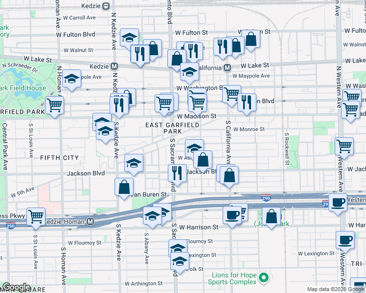 map of restaurants, bars, coffee shops, grocery stores, and more near 2946 West Adams Street in Chicago