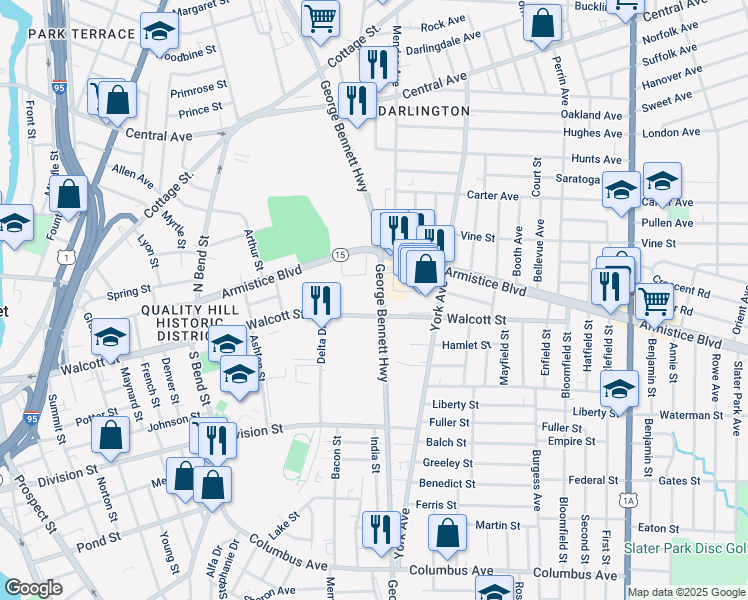 map of restaurants, bars, coffee shops, grocery stores, and more near in Pawtucket