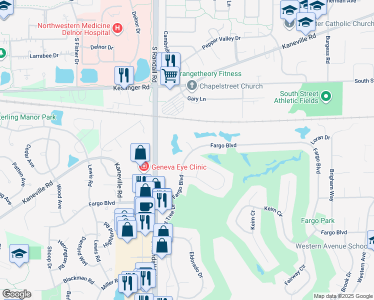 map of restaurants, bars, coffee shops, grocery stores, and more near 2117 Fargo Boulevard in Geneva