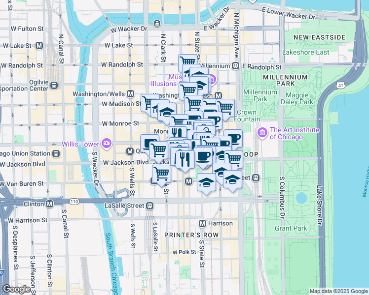 map of restaurants, bars, coffee shops, grocery stores, and more near 219 South Dearborn Street in Chicago