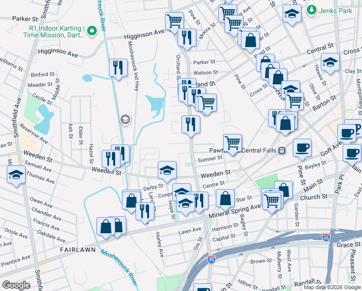 map of restaurants, bars, coffee shops, grocery stores, and more near 64 Florence Street in Pawtucket