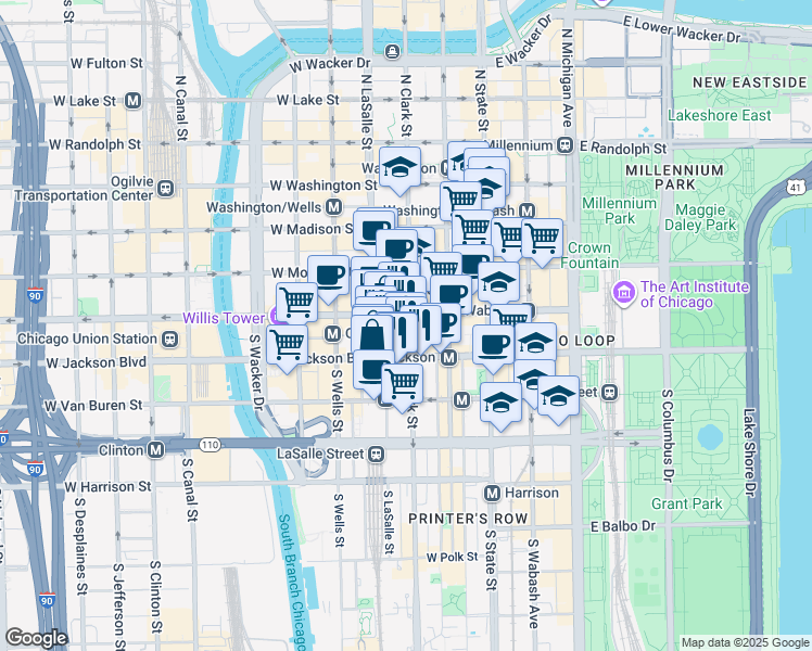 map of restaurants, bars, coffee shops, grocery stores, and more near 210 South Clark Street in Chicago