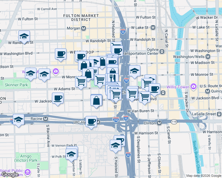 map of restaurants, bars, coffee shops, grocery stores, and more near 213 South Green Street in Chicago