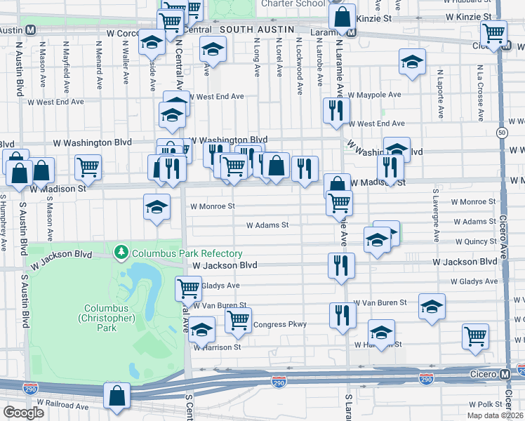 map of restaurants, bars, coffee shops, grocery stores, and more near 5418 West Adams Street in Chicago