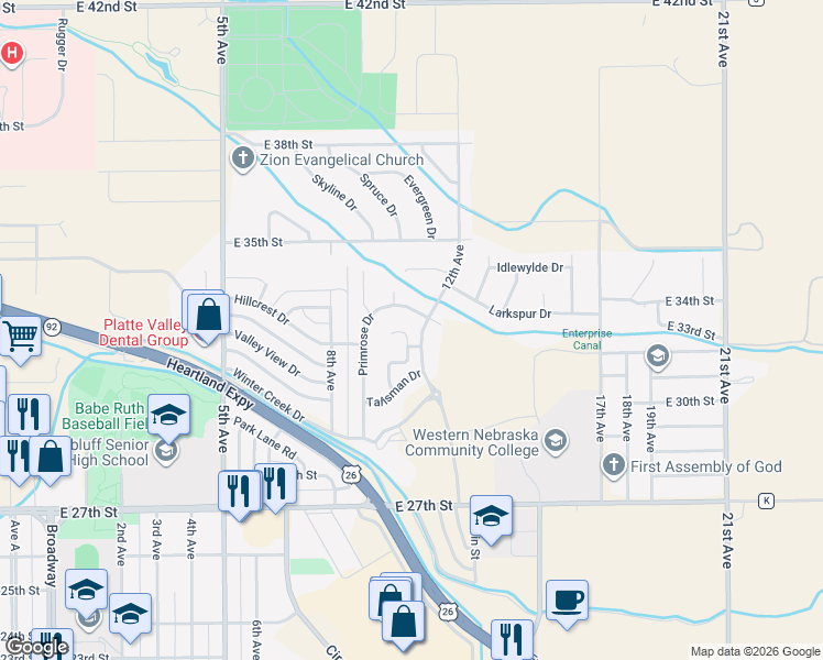 map of restaurants, bars, coffee shops, grocery stores, and more near Talisman Drive in Scottsbluff
