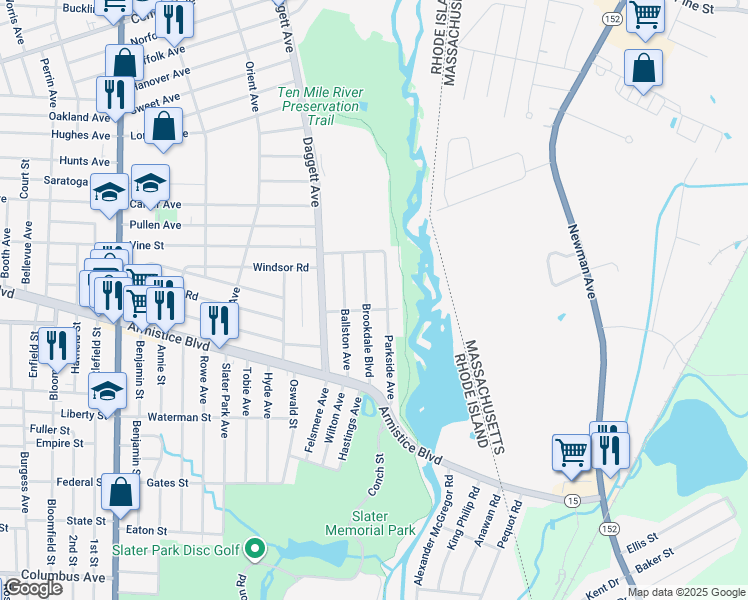 map of restaurants, bars, coffee shops, grocery stores, and more near 132 Parkside Avenue in Pawtucket