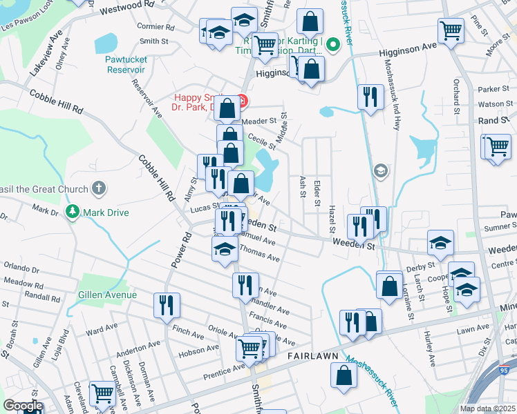 map of restaurants, bars, coffee shops, grocery stores, and more near 725 Weeden Street in Pawtucket