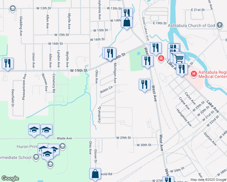 map of restaurants, bars, coffee shops, grocery stores, and more near 1800 Willow Arms Drive in Ashtabula