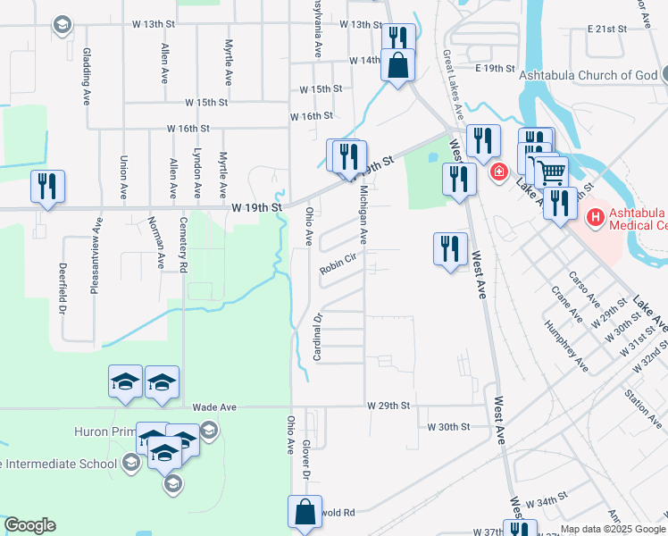 map of restaurants, bars, coffee shops, grocery stores, and more near 1736 Robin Circle in Ashtabula