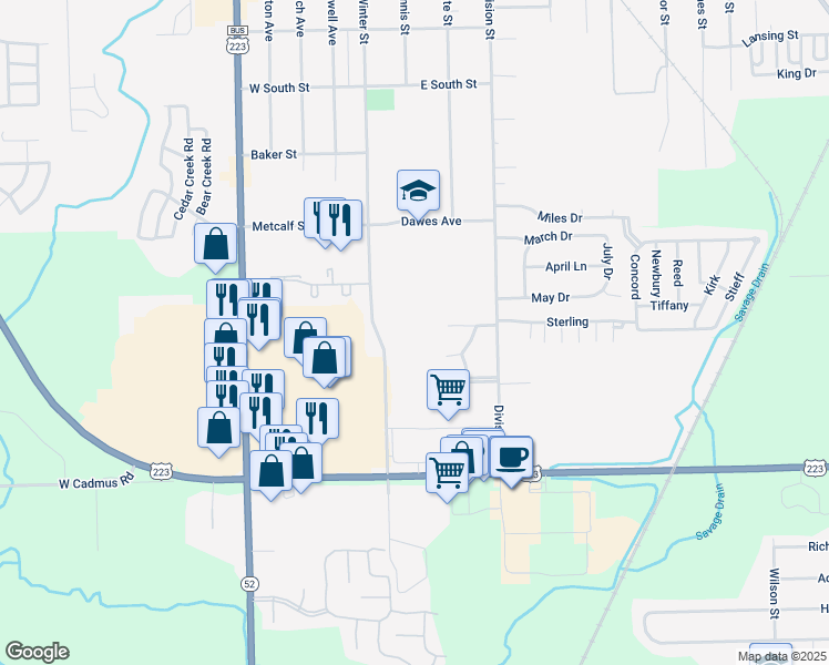 map of restaurants, bars, coffee shops, grocery stores, and more near 101 Lexington Drive in Adrian