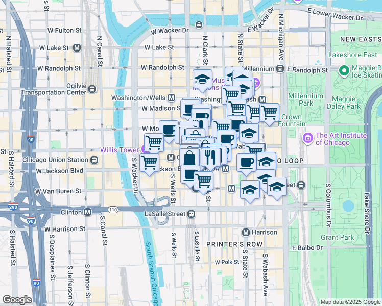 map of restaurants, bars, coffee shops, grocery stores, and more near 141 West Jackson Boulevard in Chicago