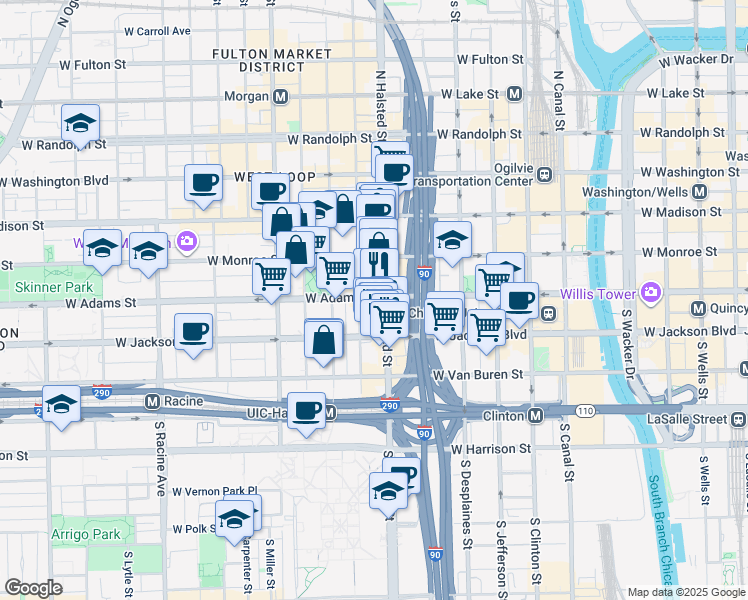 map of restaurants, bars, coffee shops, grocery stores, and more near 213 South Green Street in Chicago