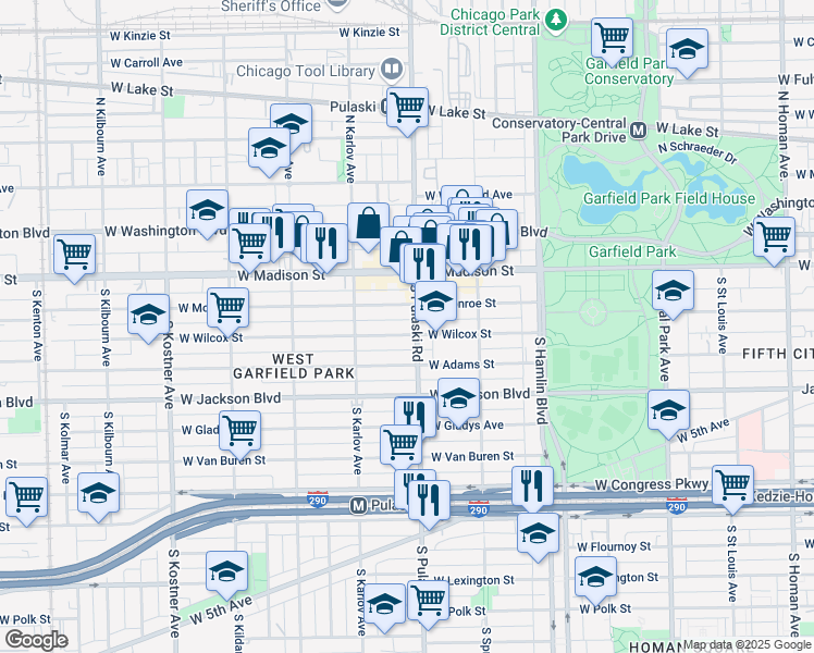 map of restaurants, bars, coffee shops, grocery stores, and more near 55 South Pulaski Road in Chicago