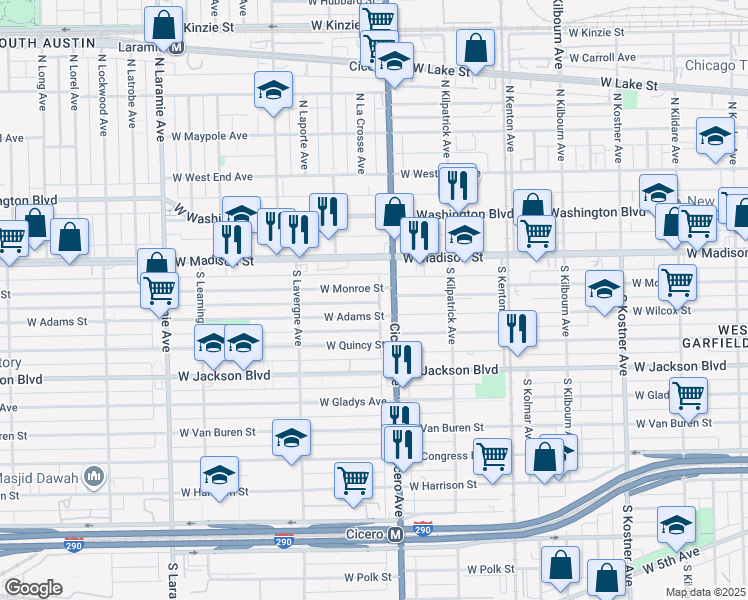 map of restaurants, bars, coffee shops, grocery stores, and more near 200 South Cicero Avenue in Chicago