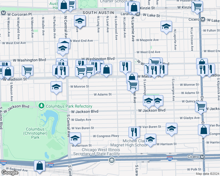 map of restaurants, bars, coffee shops, grocery stores, and more near 5332 West Adams Street in Chicago