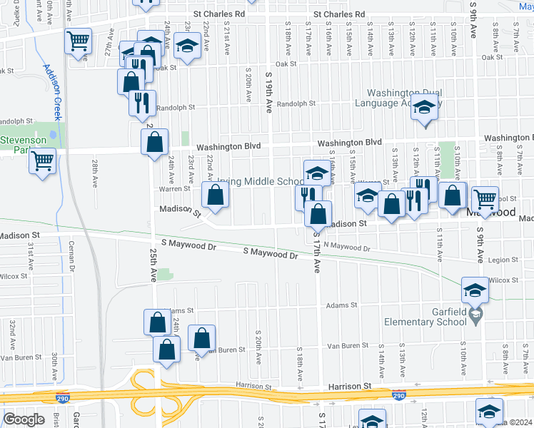 map of restaurants, bars, coffee shops, grocery stores, and more near 1900 Madison Street in Maywood