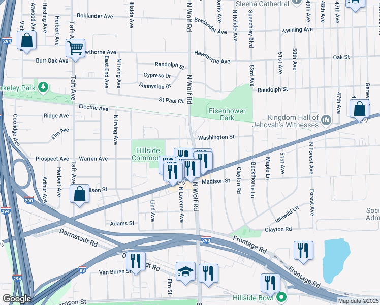 map of restaurants, bars, coffee shops, grocery stores, and more near in Hillside