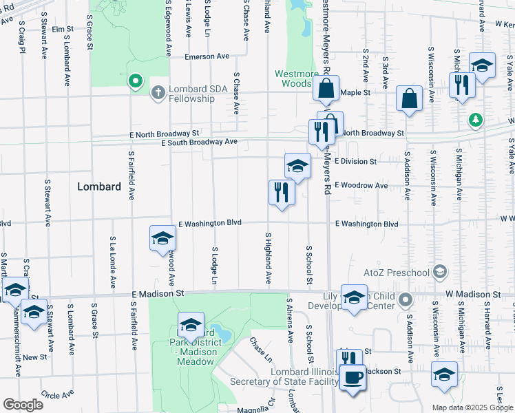 map of restaurants, bars, coffee shops, grocery stores, and more near 444 South Highland Avenue in Lombard