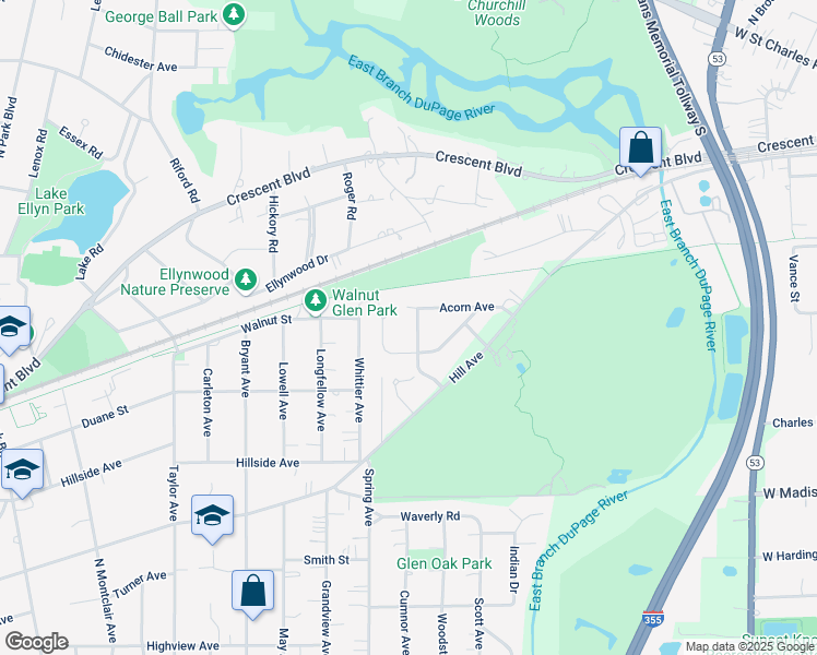 map of restaurants, bars, coffee shops, grocery stores, and more near 523 Fairway Court in Glen Ellyn