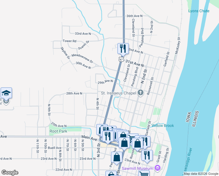 map of restaurants, bars, coffee shops, grocery stores, and more near 2801-2899 North 3rd Street in Clinton