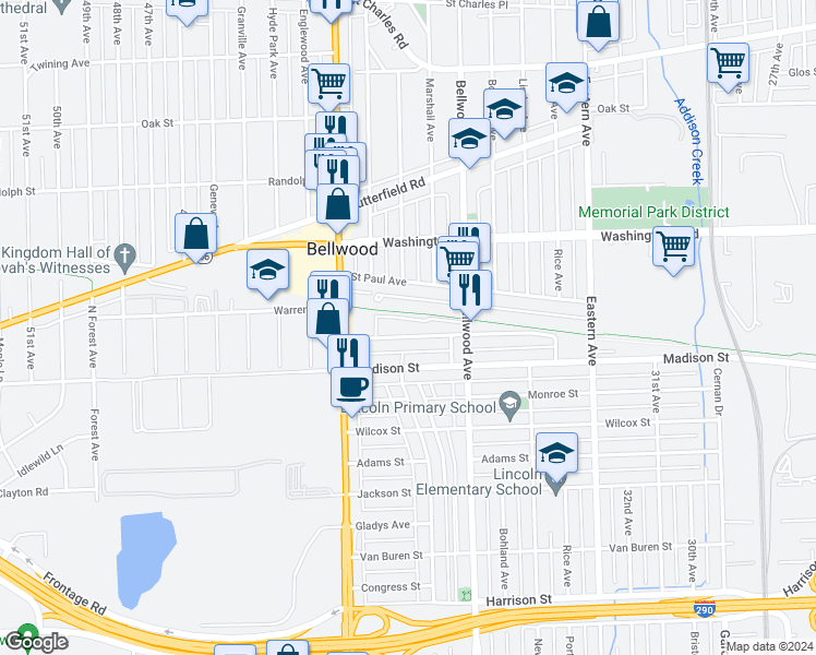 map of restaurants, bars, coffee shops, grocery stores, and more near 3819 Warren Avenue in Bellwood