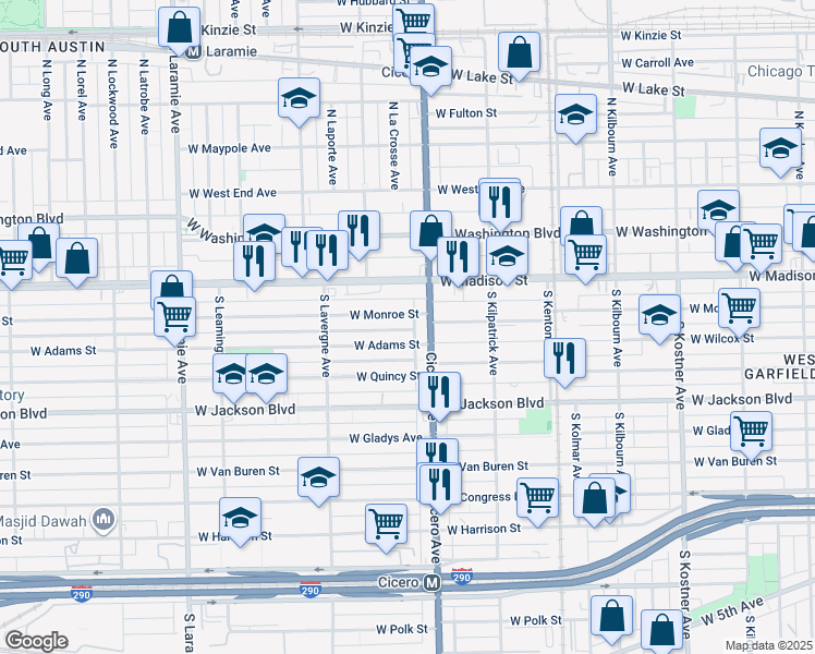 map of restaurants, bars, coffee shops, grocery stores, and more near 200 South Cicero Avenue in Chicago