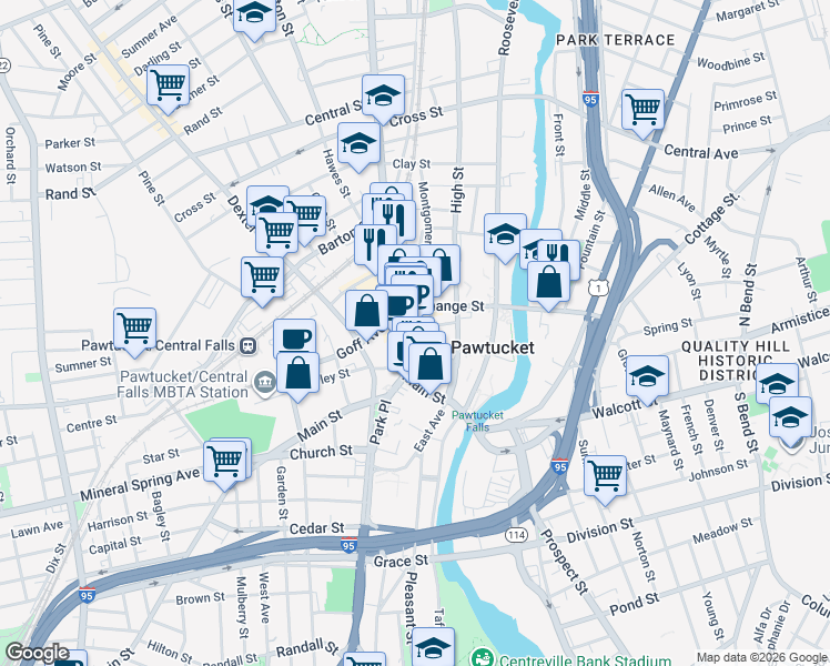 map of restaurants, bars, coffee shops, grocery stores, and more near 33 Summer Street in Pawtucket