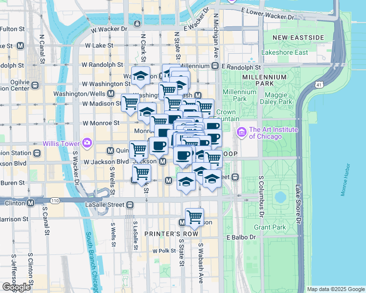 map of restaurants, bars, coffee shops, grocery stores, and more near 14 East Jackson Boulevard in Chicago
