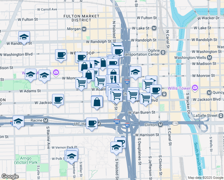 map of restaurants, bars, coffee shops, grocery stores, and more near 801 West Adams Street in Chicago