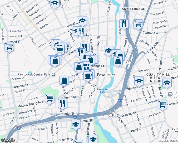 map of restaurants, bars, coffee shops, grocery stores, and more near 33 Summer Street in Pawtucket