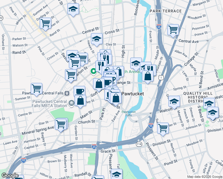 map of restaurants, bars, coffee shops, grocery stores, and more near 33 Summer Street in Pawtucket