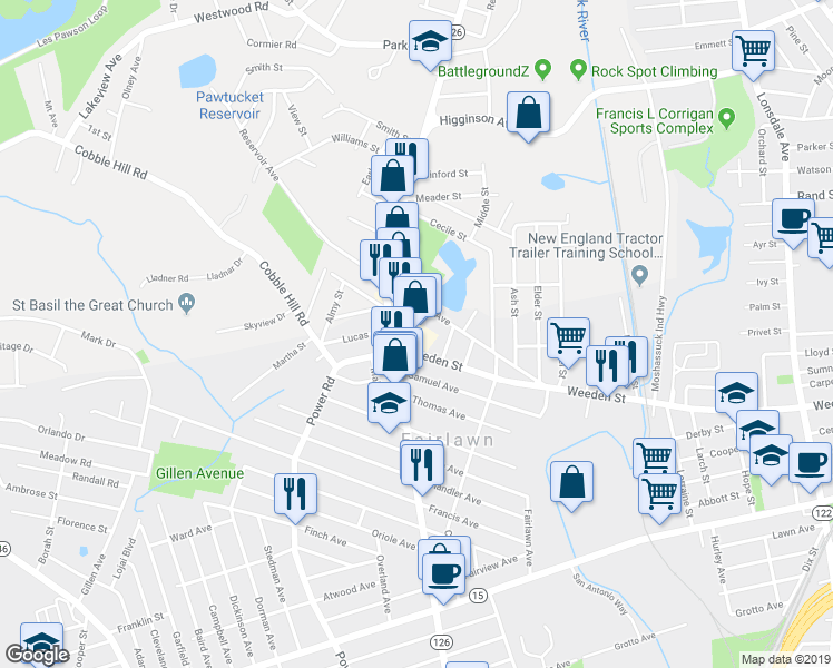 map of restaurants, bars, coffee shops, grocery stores, and more near 607 Smithfield Avenue in Pawtucket