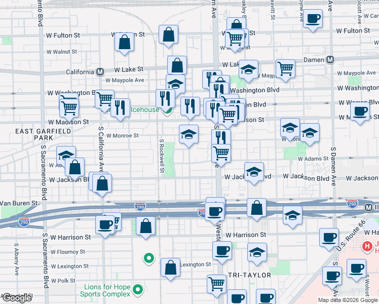 map of restaurants, bars, coffee shops, grocery stores, and more near 2454 West Adams Street in Chicago