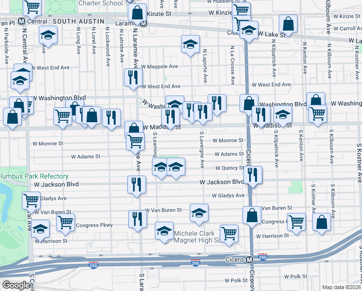 map of restaurants, bars, coffee shops, grocery stores, and more near 5046 West Adams Street in Chicago