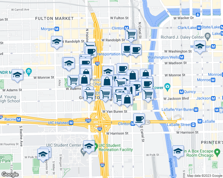 map of restaurants, bars, coffee shops, grocery stores, and more near 223 South Desplaines Street in Chicago