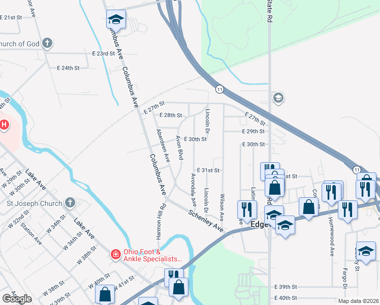 map of restaurants, bars, coffee shops, grocery stores, and more near 3054 Avon Boulevard in Ashtabula