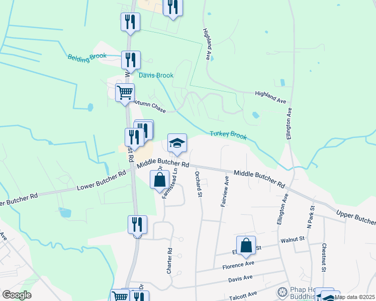 map of restaurants, bars, coffee shops, grocery stores, and more near 46 Middle Butcher Road in Ellington